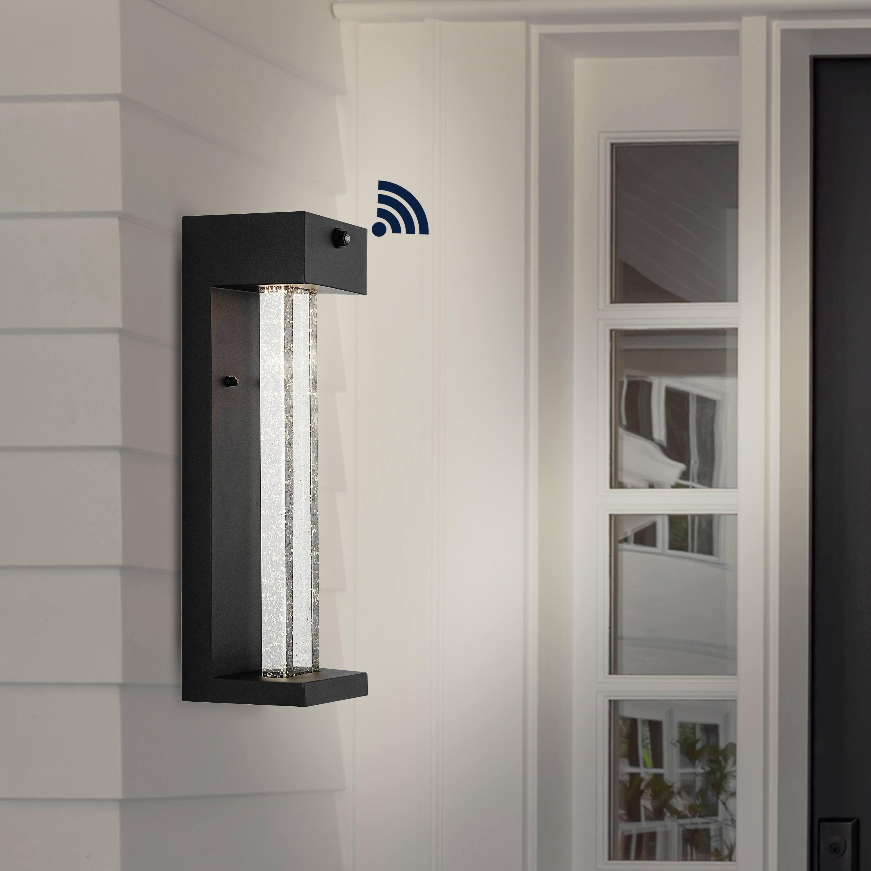Alt View 6. Jonathan Y - Miranda 5.13" 1-Light Modern Iron/Seeded Glass with Dusk-to-Dawn Sensor Integrated LED Outdoor Sconce, Black - Black.