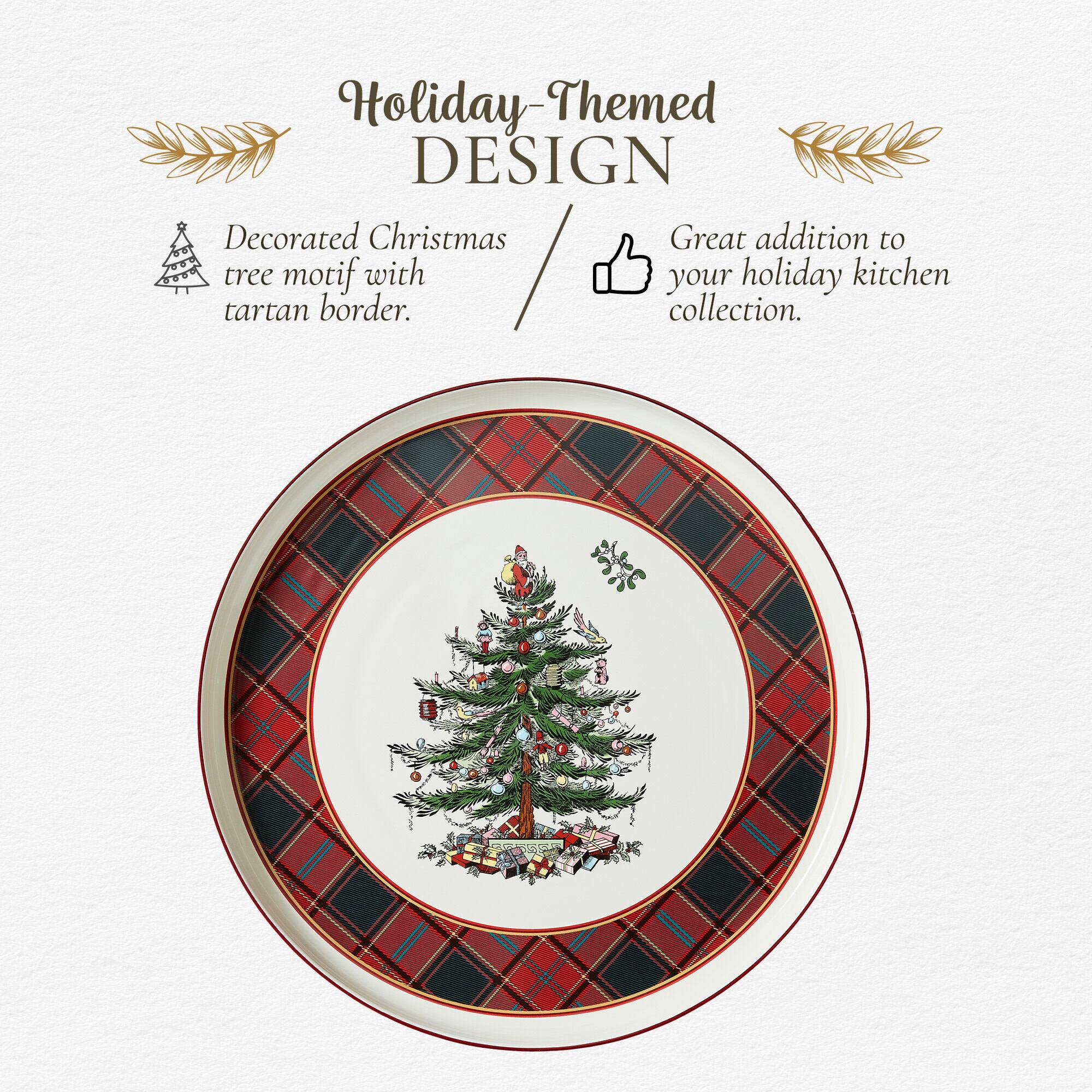 Holiday-Themed DESIGN  
Decorated Christmas tree motif with tartan border.  
Great addition to your holiday kitchen collection.