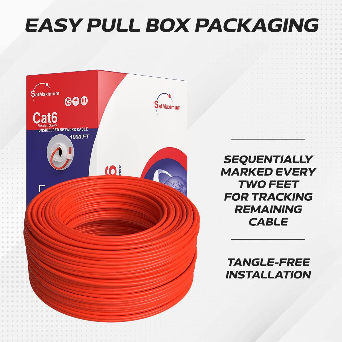 EASY PULL BOX PACKAGING

SatMaximum Cat6 Premium Quality UNSHIELDED NETWORK CABLE 1000 FT

- SEQUENTIALLY MARKED EVERY TWO FEET FOR TRACKING REMAINING CABLE
- TANGLE-FREE INSTALLATION
