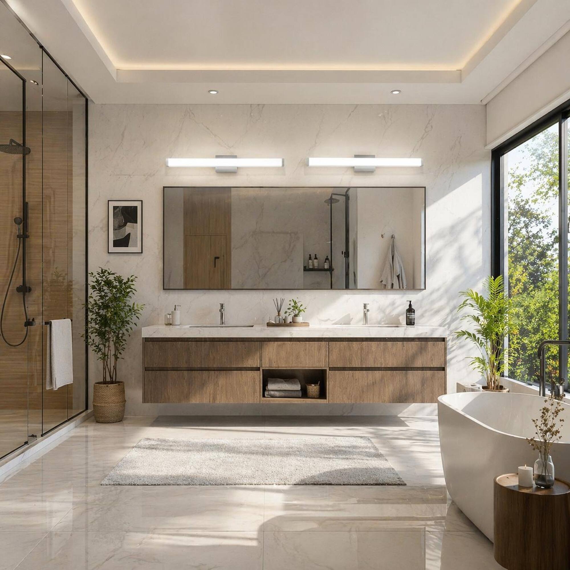 Left. RYHNUYNE - Brushed Nickel LED Bathroom Vanity Light – 33-Inch 18W Cool White 6000K Wall-Mounted Fixture.
