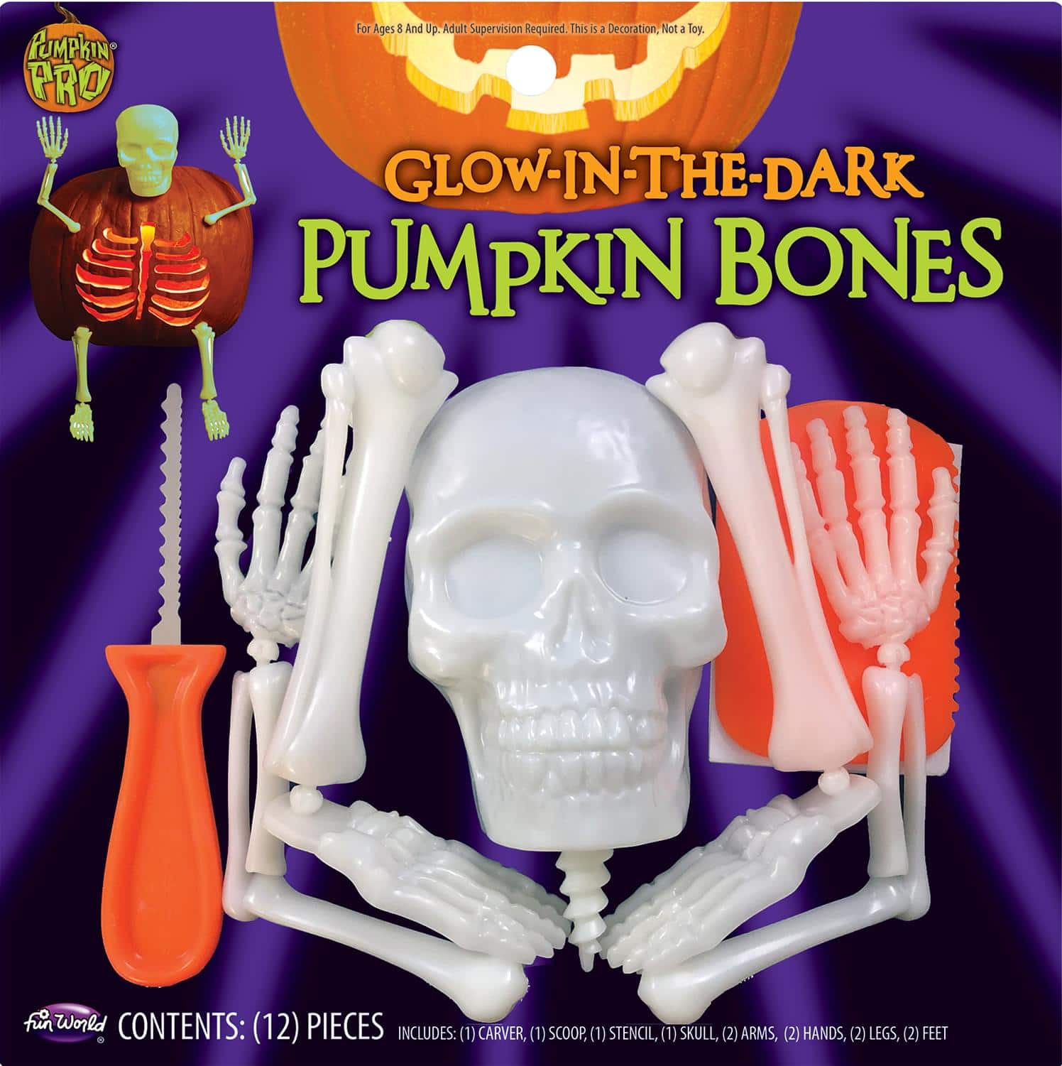 Funworld - Halloween Glow In The Dark Skellington Bones Pumpkin Carving & Decorating Kit - Orange