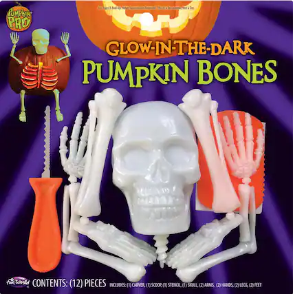 Pumpkin Pro For Ages 8 And Up. Adult Supervision Required. This 11 1 Decoration, Not a Toy. GLOW-IN-THE-DARK PUMPKIN BONES fun World CONTENTS: (12) PIECES INCLUDES: (1) CARVER, (1) SCOOP, (1) STENCIL, (1) SKULL, (2) ARMS, (2) HANDS, (2) LEGS, (2) FEET