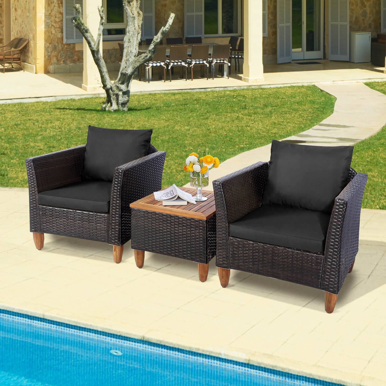 Alt View 1. Costway - Costway 3PCS Patio Wicker Rattan Sofa Set Furniture Outdoor Acacia Wood Conversation - Black.