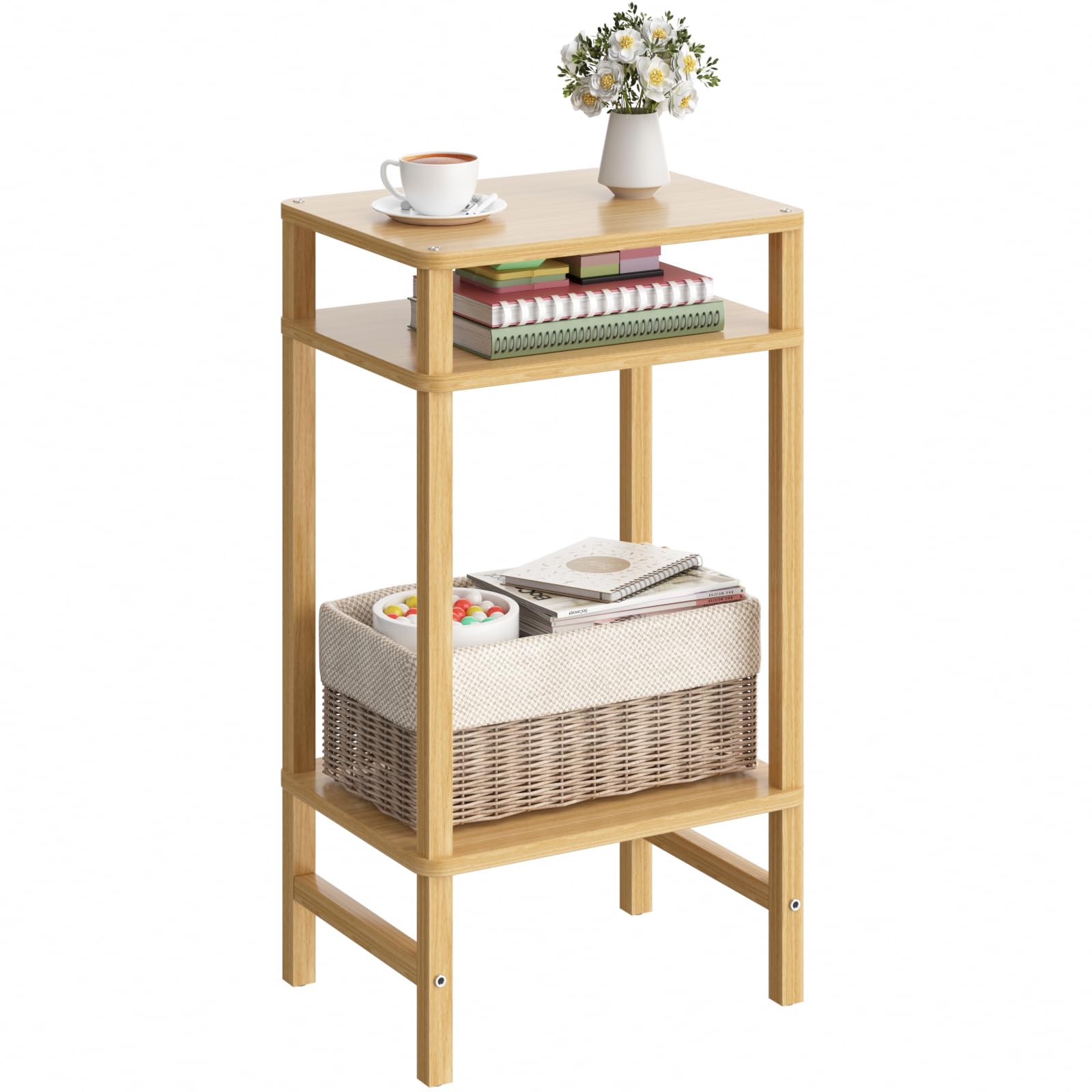 Front. PO3TICJUNKI3 - Tall Side Table 3-tier Narrow End Skinny Nightstand For Space Farmhouse Slim Night Stand With Storage Couch - Natural.