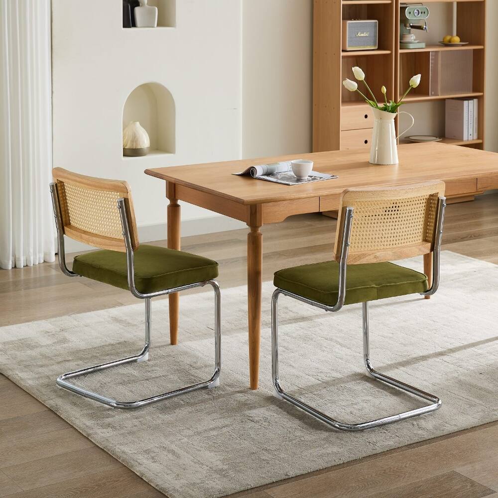 Alt View 9. Loheer - Loheer Mid-Century Dining Chairs Set of 2, Olive Green Velvet Rattan Back Chairs with Chrome Base - Olive-Green.