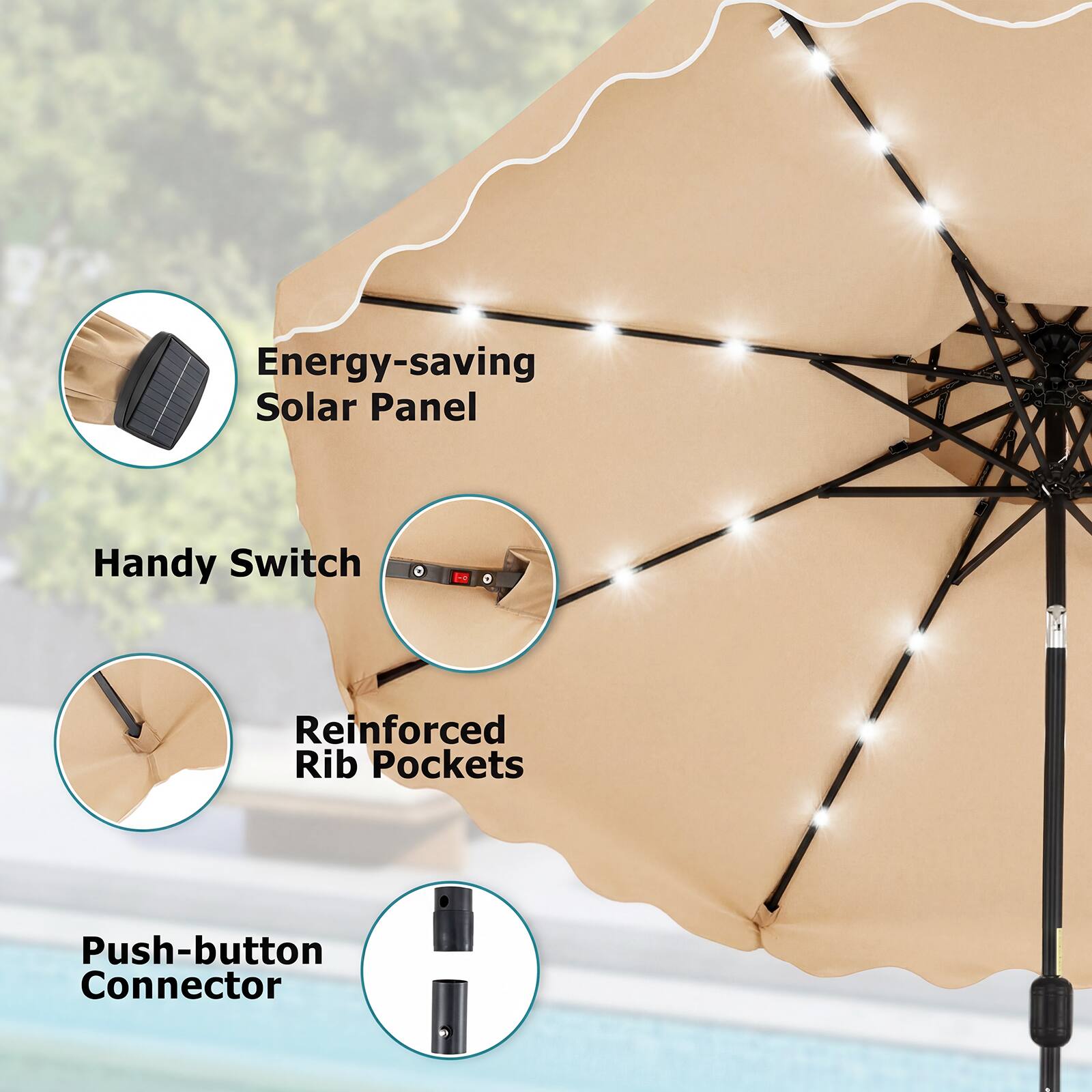 Energy-saving Solar Panel  
Handy Switch  
Reinforced Rib Pockets  
Push-button Connector