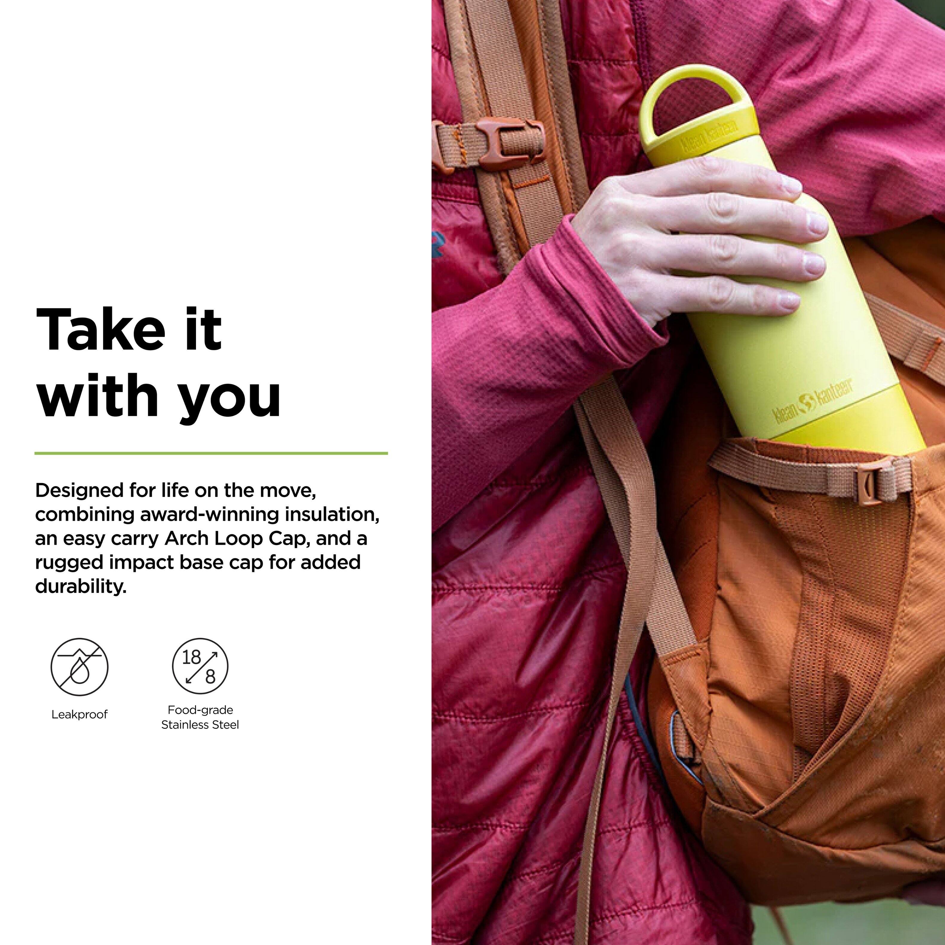 Take it with you

Designed for life on the move, combining award-winning insulation, an easy carry Arch Loop Cap, and a rugged impact base cap for added durability.

- Leakproof
- Food-grade Stainless Steel
