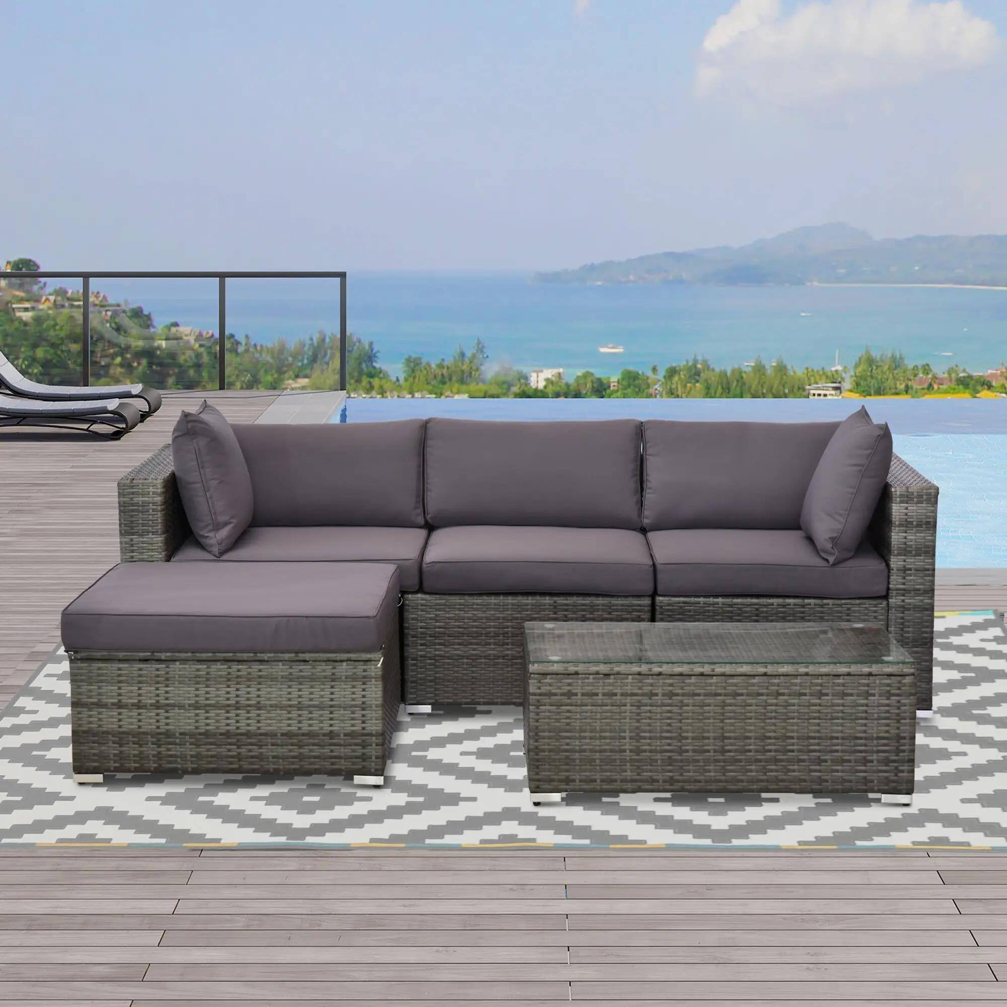 Left. Resenkos - Resenkos 5-Piece Rattan Patio Sectional Set, Outdoor Sectional Furniture, PE Wicker Couch, Gray - Gray.