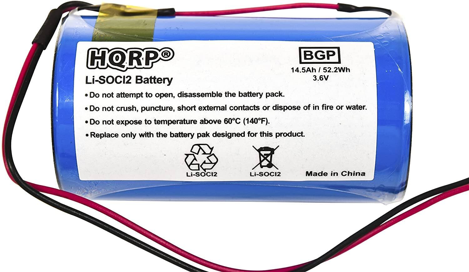 HQRP BGP 14.5Ah / 52.2Wh Li-SOCI2 Battery 3.6V

Do not attempt to open, disassemble the battery pack. Do not crush, puncture, short external contacts or dispose of in fire or water. Do not expose to temperature above 60°C (140°F). Replace only with the battery pack designed for this product.

Li-SOCI2 Li-SOCI2

Made in China