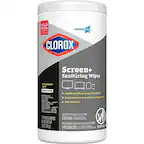 Kills 99.9% Clorox Pro Screen+ Sanitizing Wipes OTRUS BLEND SCENT BEADH-FREE AN Gentle on LCD screens and keyboards Easily removes dust, grime and fingerprints Non-abrasive KEEP OUT OF REACH OF CHILDREN 15 PRENOUSTENED CAUTION: NPES NET WT 2 OZ (340 g) PRECAUCIÓN: MANTÉNGASE FUERA DEL ALCANCE DE LOS NIÑOS