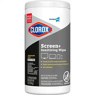 Kills 99.9% Clorox Pro Screen+ Sanitizing Wipes OTRUS BLEND SCENT BEADH-FREE AN Gentle on LCD screens and keyboards Easily removes dust, grime and fingerprints Non-abrasive KEEP OUT OF REACH OF CHILDREN 15 PRENOUSTENED CAUTION: NPES NET WT 2 OZ (340 g) PRECAUCIÓN: MANTÉNGASE FUERA DEL ALCANCE DE LOS NIÑOS