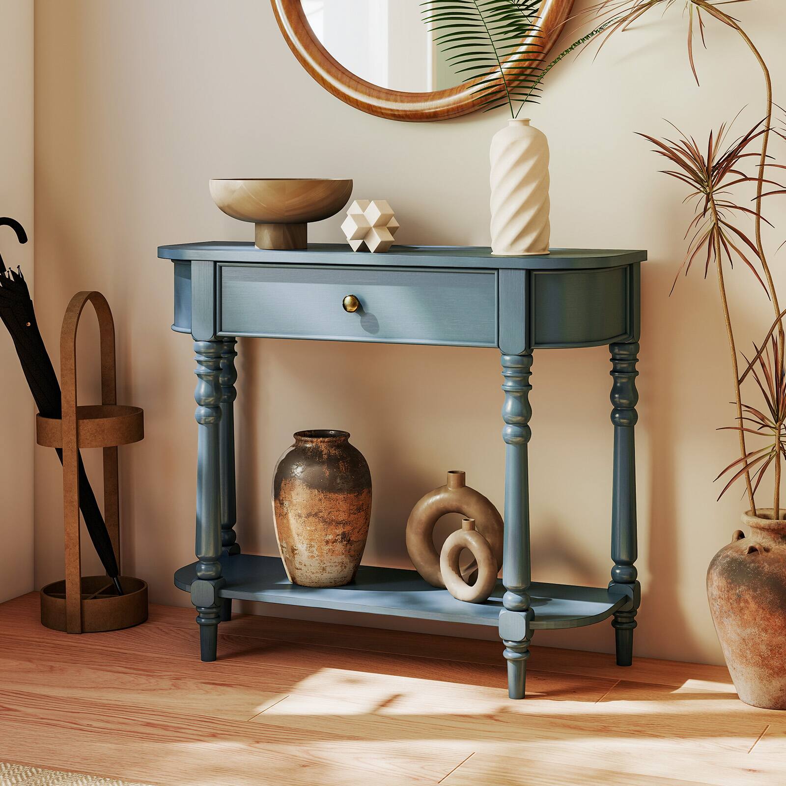 Alt View 4. Gymax - Gymax Retro Console Table 36''L Wooden Entryway Table w/ Storage Drawer & Open Shelf Blue - Blue.