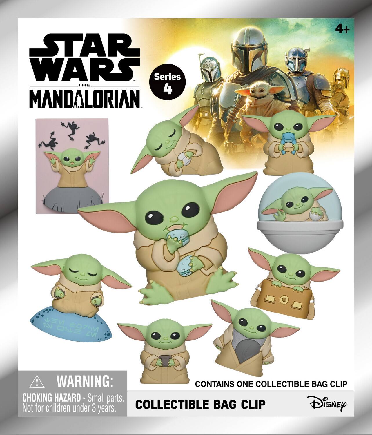 STAR WARS Series THE MANDALORIAN 4+  
WARNING: CHOKING HAZARD - Small parts. Not for children under 3 years.  
CONTAINS ONE COLLECTIBLE BAG CLIP  
COLLECTIBLE BAG CLIP  
Disney
