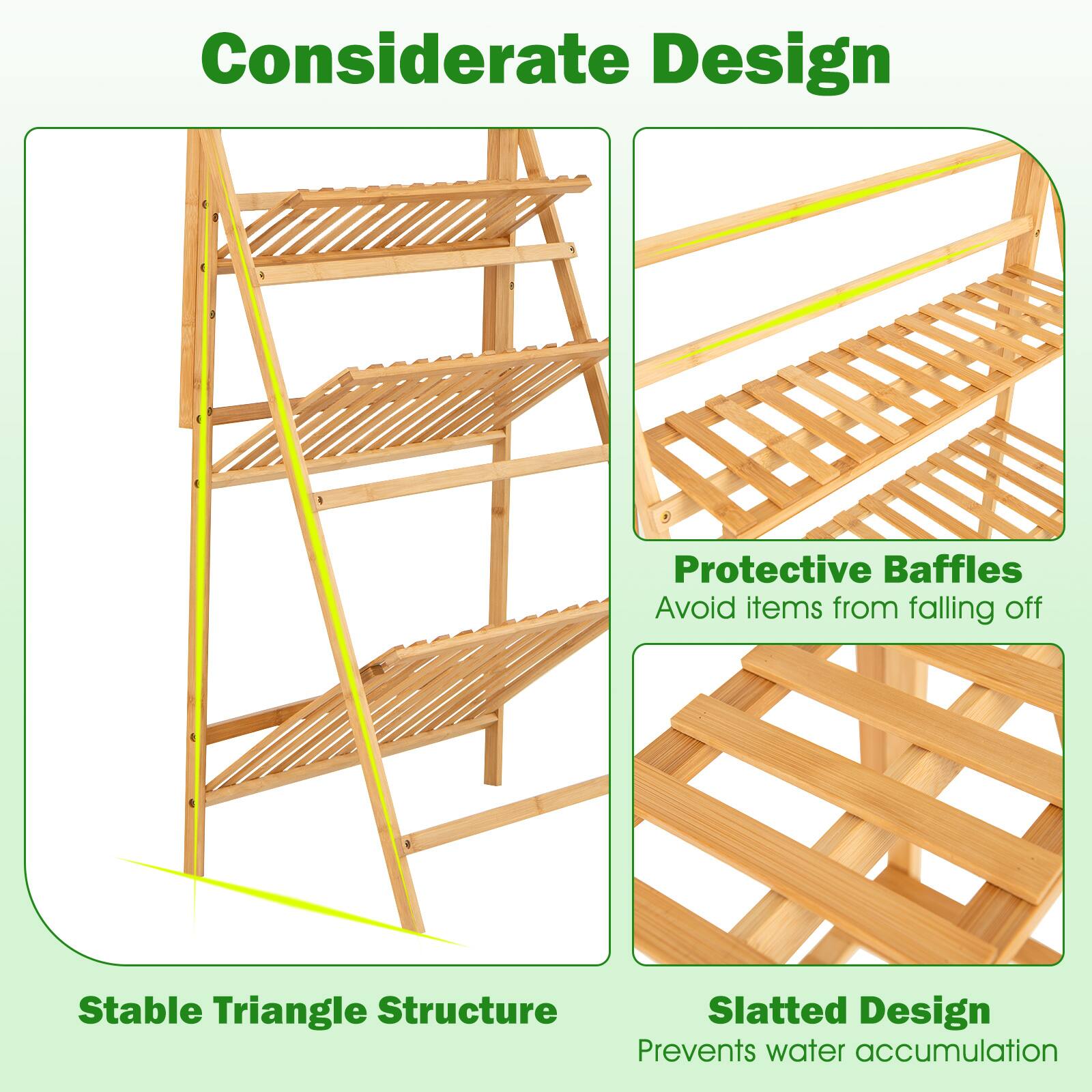 Considerate Design

- Stable Triangle Structure
- Protective Baffles: Avoid items from falling off
- Slatted Design: Prevents water accumulation