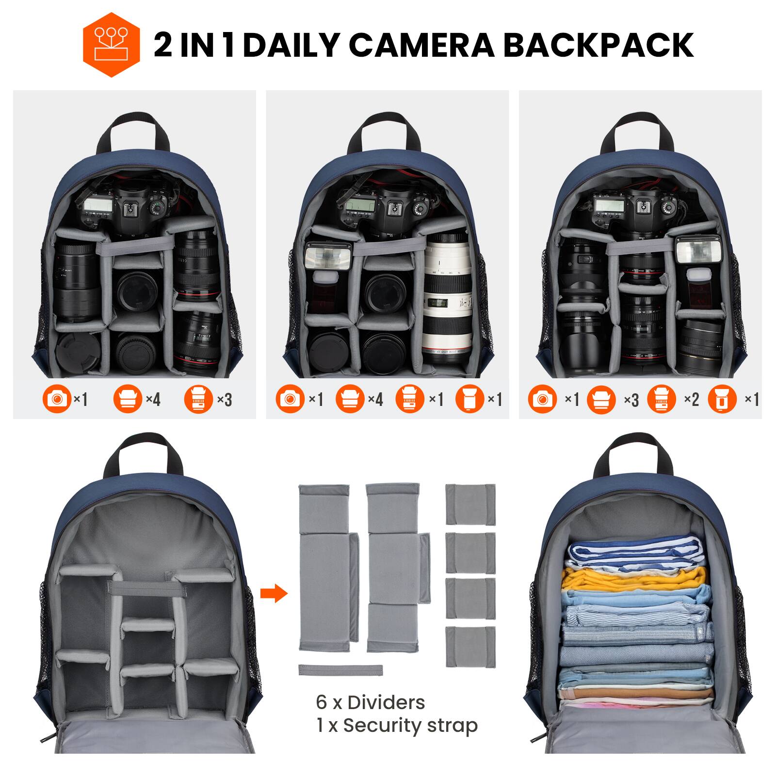2 IN 1 DAILY CAMERA BACKPACK

- x1 Camera
- x4 Lenses
- x3 Filters
- x1 Camera
- x4 Lenses
- x1 Camera
- x1 Lens
- x3 Filters
- x2 Batteries
- x1 Flash

6 x Dividers
1 x Security strap