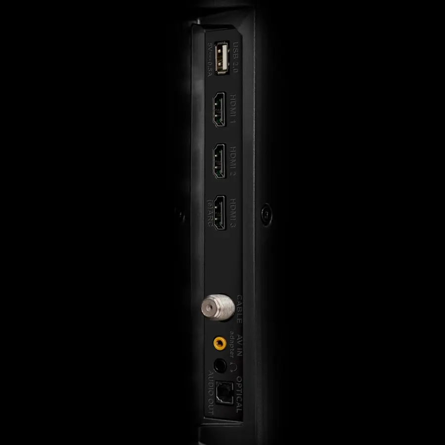 The image features a black box with a USB port, HDMI ports, and an audio out cable adapter. The USB port is capable of providing 5V at 0.5A, while the HDMI ports support HDMI 2.0 and HDMI 2.0 ARC. Additionally, there is an HDMI 3 port available. The box also has an optical audio out cable adapter, which can be used to connect to an AV in port.