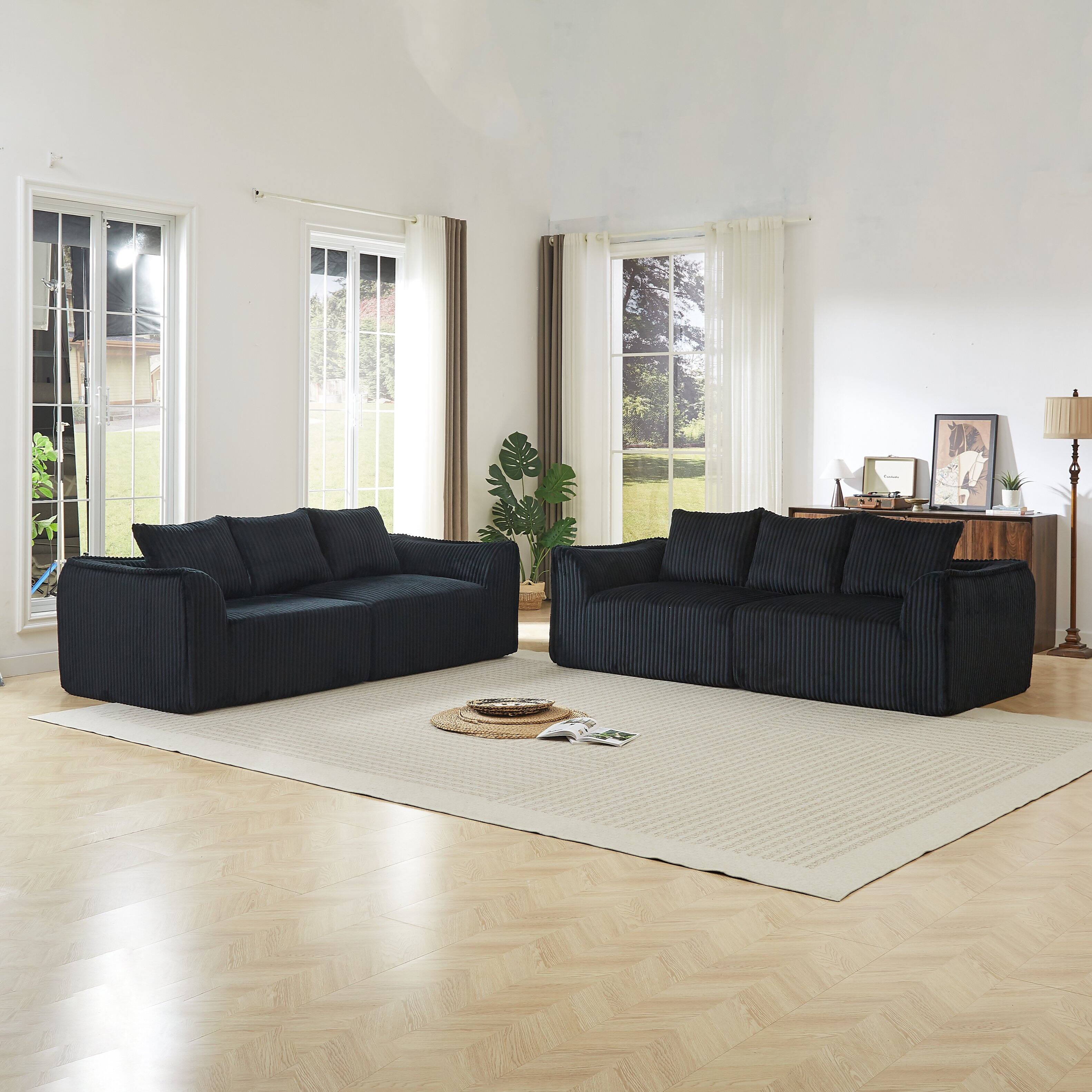 Angle. Anysun - 3+3-Seater Minimalist Corduroy Sofa with Curved Lines & Horn-Shaped Throw Pillows – Ergonomic Modular Cloud Sofa - Black.