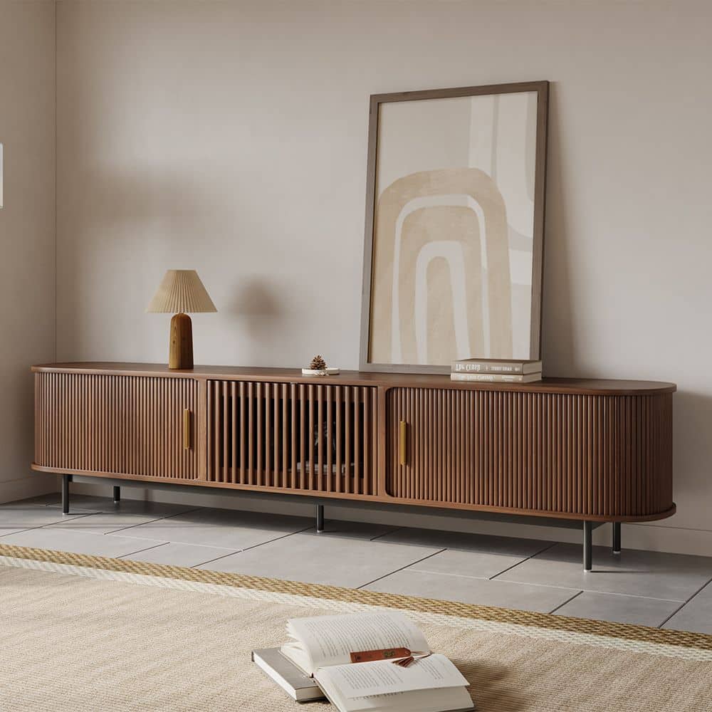 POVISON - 94"Mid-Century Modern Tambour Door TV Stand - Walnut