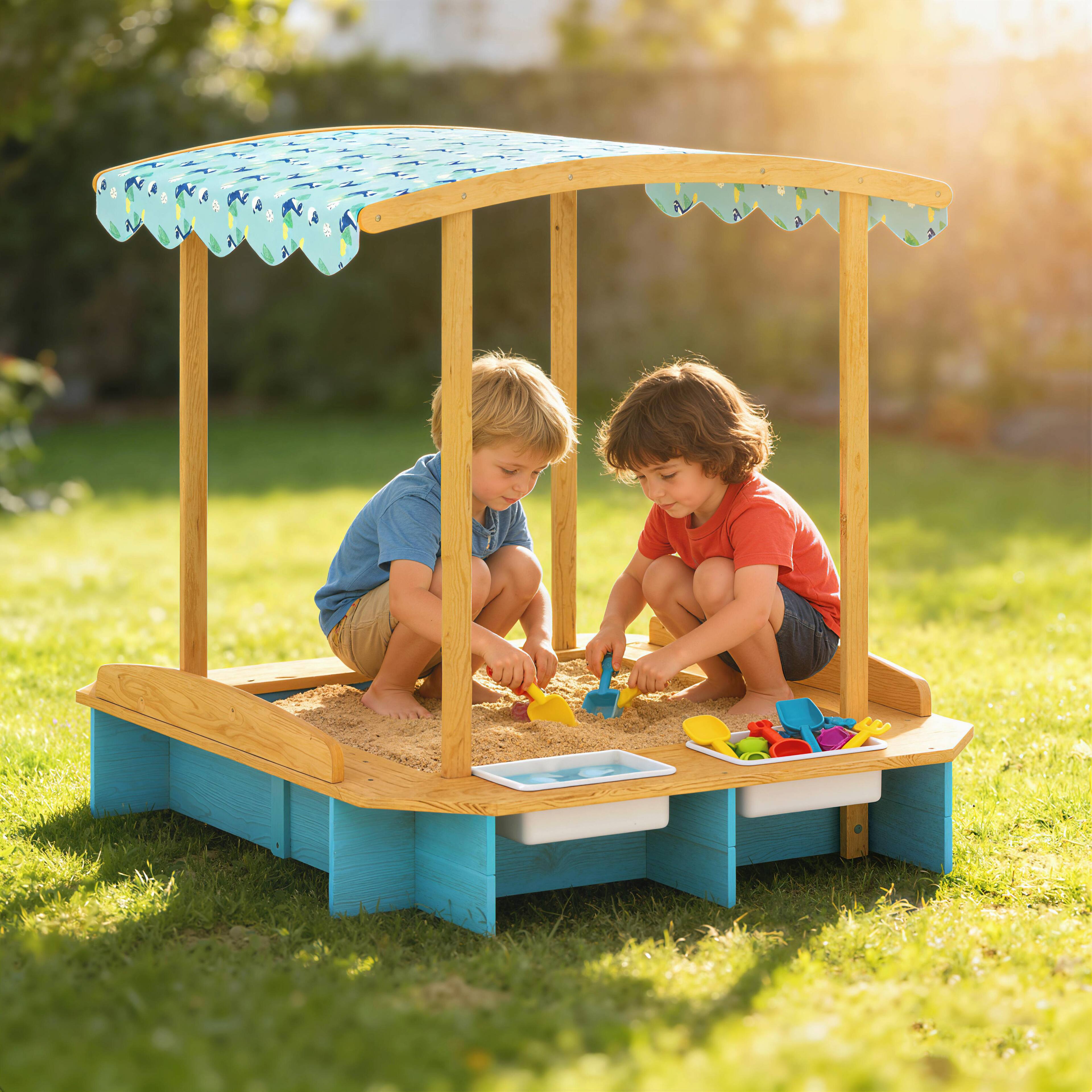Alt View 1. Qaba - Sandbox with Dinosaur Print Canopy Kids Sandbox Outdoor with Bench Seats & 2 Storage - Blue.