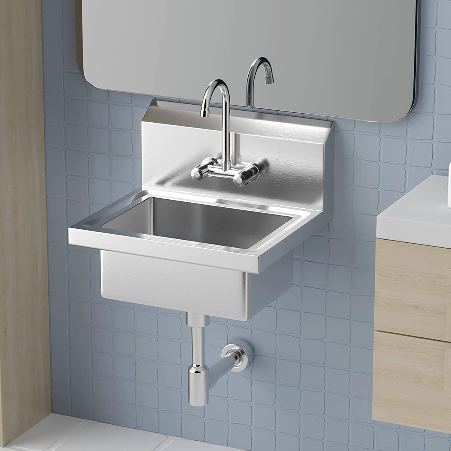 Angle. Winado - Heavy Duty Hand Wash Commercial Sink Wall Mount Utility Sink with Splash Guard, Drain Strainer, Faucet for Home Kitchen - Silver.