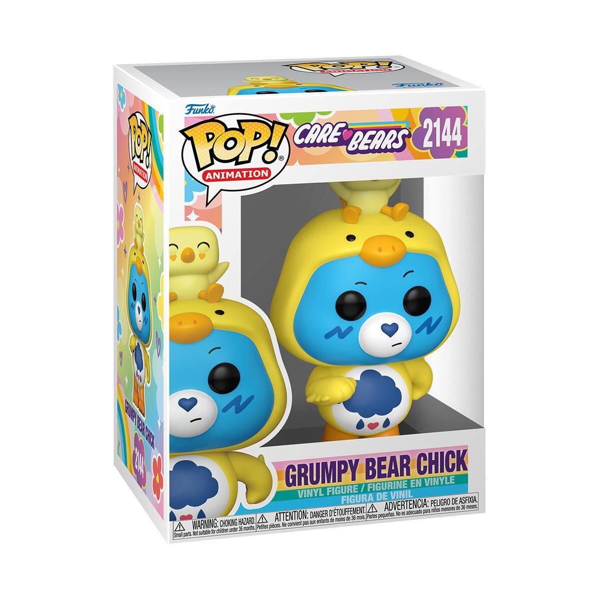 Sure, here is the corrected and grouped text from the image:

---

**Funko POP! ANIMATION**

**CARE BEARS 2144**

**GRUMPY BEAR CHICK**

**VINYL FIGURE / FIGURINE EN VINYLE / FIGURA DE VINIL**

**WARNING: CHOKING HAZARD - Small parts. Not for children under 3 years. / ADVERTENCIA: PEQUEÑOS PIEZAS. NO ES RECOMENDABLE PARA MENORES DE 3 AÑOS. / ATTENTION: PELIGRO DE ASFIXIA - Petites pièces. Ne convient pas aux enfants de moins de 3 ans.**

---

This text is organized to reflect the information on the packaging accurately.
