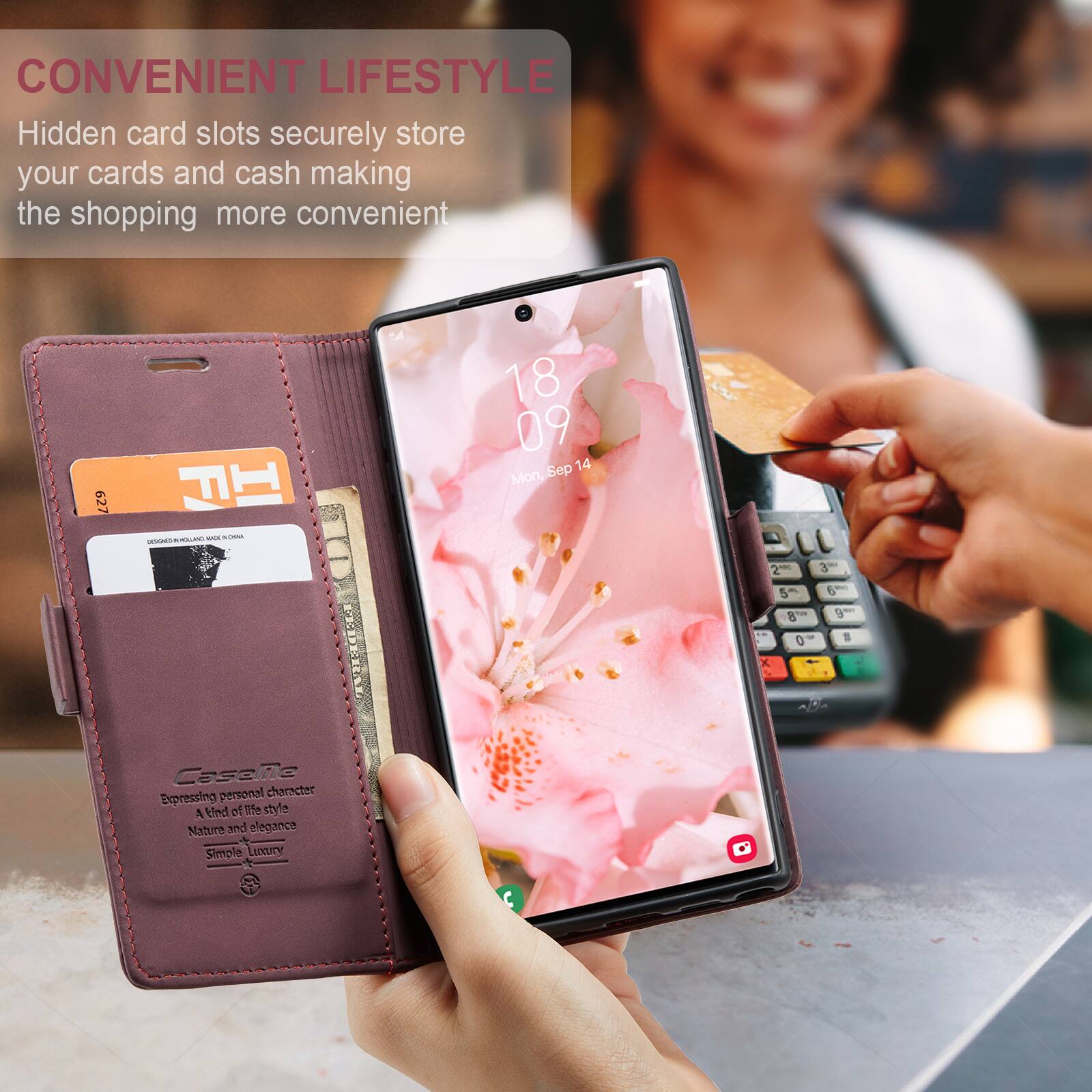 CONVENIENT LIFESTYLE  
Hidden card slots securely store your cards and cash making the shopping more convenient

627  
DESONED WOLLAND MADE IN OHNA  
18 09 Sep 14 Mon,  
2  
3.00  
5 8  
6 9  
0  
#  
Caselle  
Expressing personal character  
A kind of life style  
Nature and elegance  
Simple Luxury