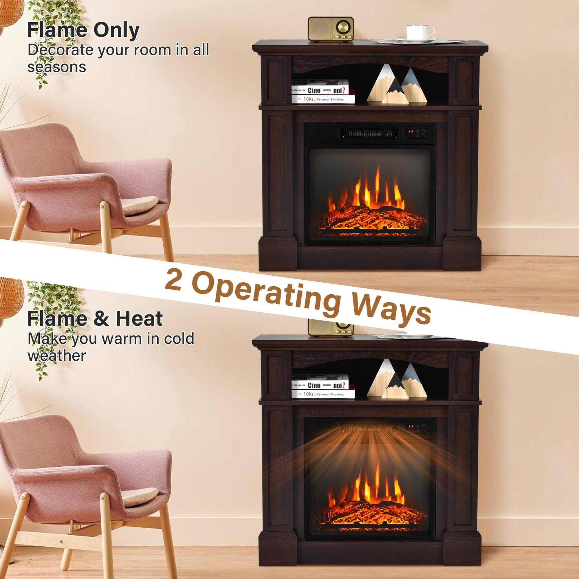 Flame Only  
Decorate your room in all seasons

2 Operating Ways

Flame & Heat  
Make you warm in cold weather