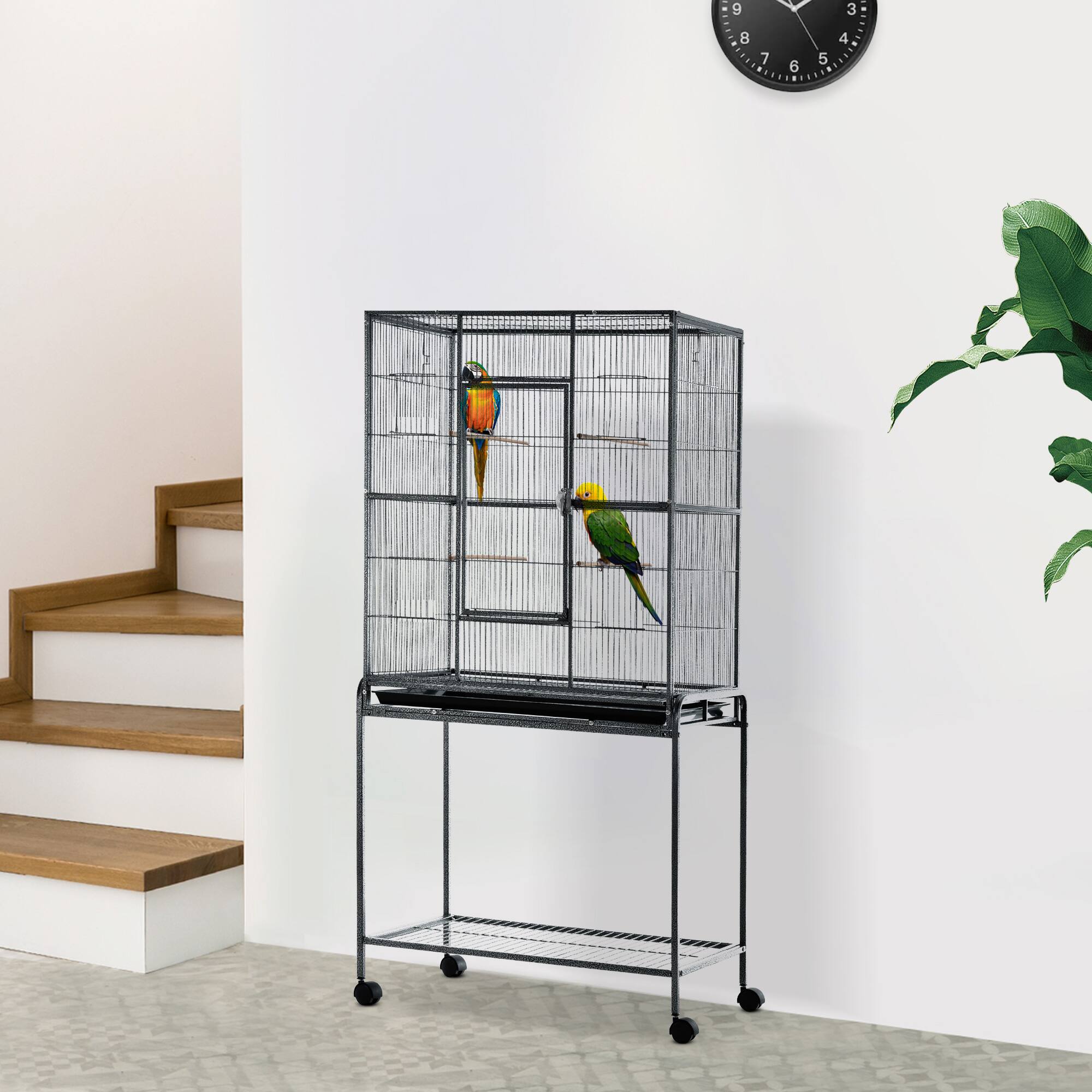 Alt View 1. Pawhut - 30" Rolling Metal Bird Cage Feeder with Detachable Rolling Stand, Storage Shelf - Black and Gray.