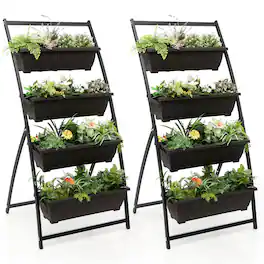 Costway - 2PCS 5 FT 4-Tier Vertical Raised Garden Bed Elevated Planter w/4 Container Boxes - Black + Brown