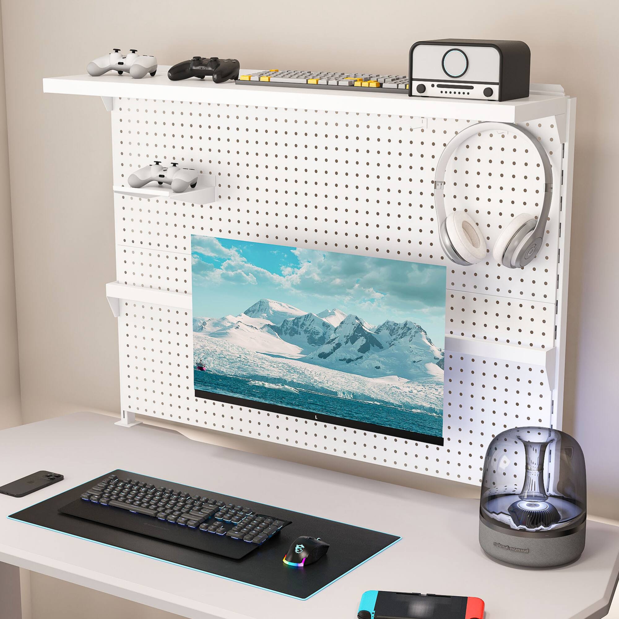 Angle. GOODSILO - Steel Clamp-On Desk Pegboard Organizer with Single Monitor Stand and Modular Storage Panel - White.