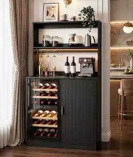 Skyzoo - Modern Mini Fridge Cabinet, LED Lighted Coffee Bar with Power Outlet, Countertop Home Bar Cabinet for Home - Black