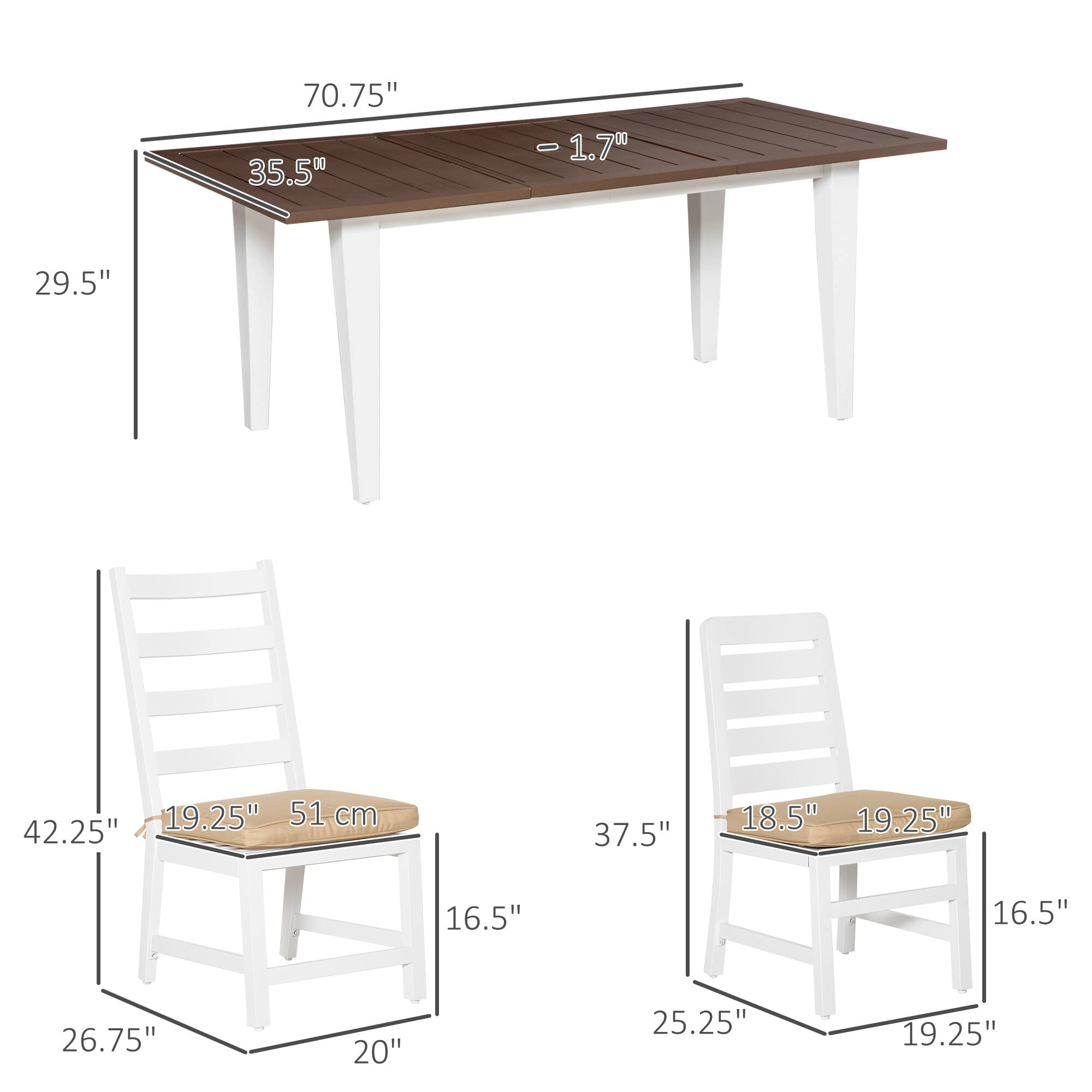 Table: 70.75", 35.5", 29.5", 1.70
Chair: 42.25", 37.5", 18.5", 19.25", 16.5", 26.75", 20", 25.25", 19.25"