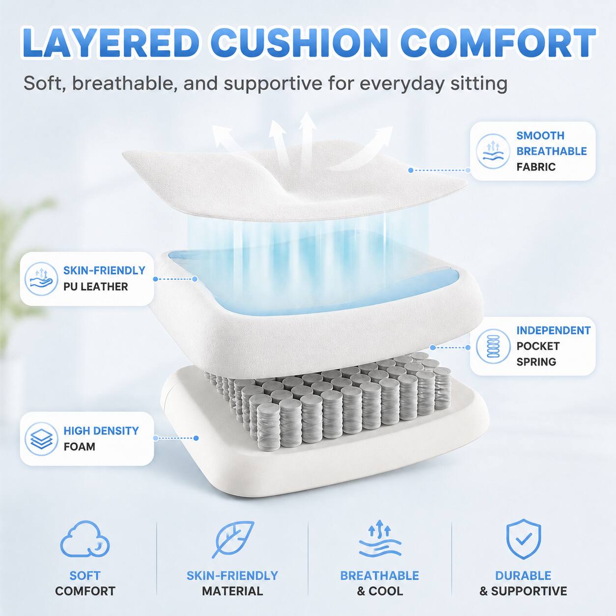 LAYERED CUSHION COMFORT  
Soft, breathable, and supportive for everyday sitting

- SMOOTH BREATHABLE FABRIC
- SKIN-FRIENDLY PU LEATHER
- INDEPENDENT POCKET SPRING
- HIGH DENSITY FOAM
- SOFT COMFORT
- SKIN-FRIENDLY MATERIAL
- BREATHABLE & COOL
- DURABLE & SUPPORTIVE