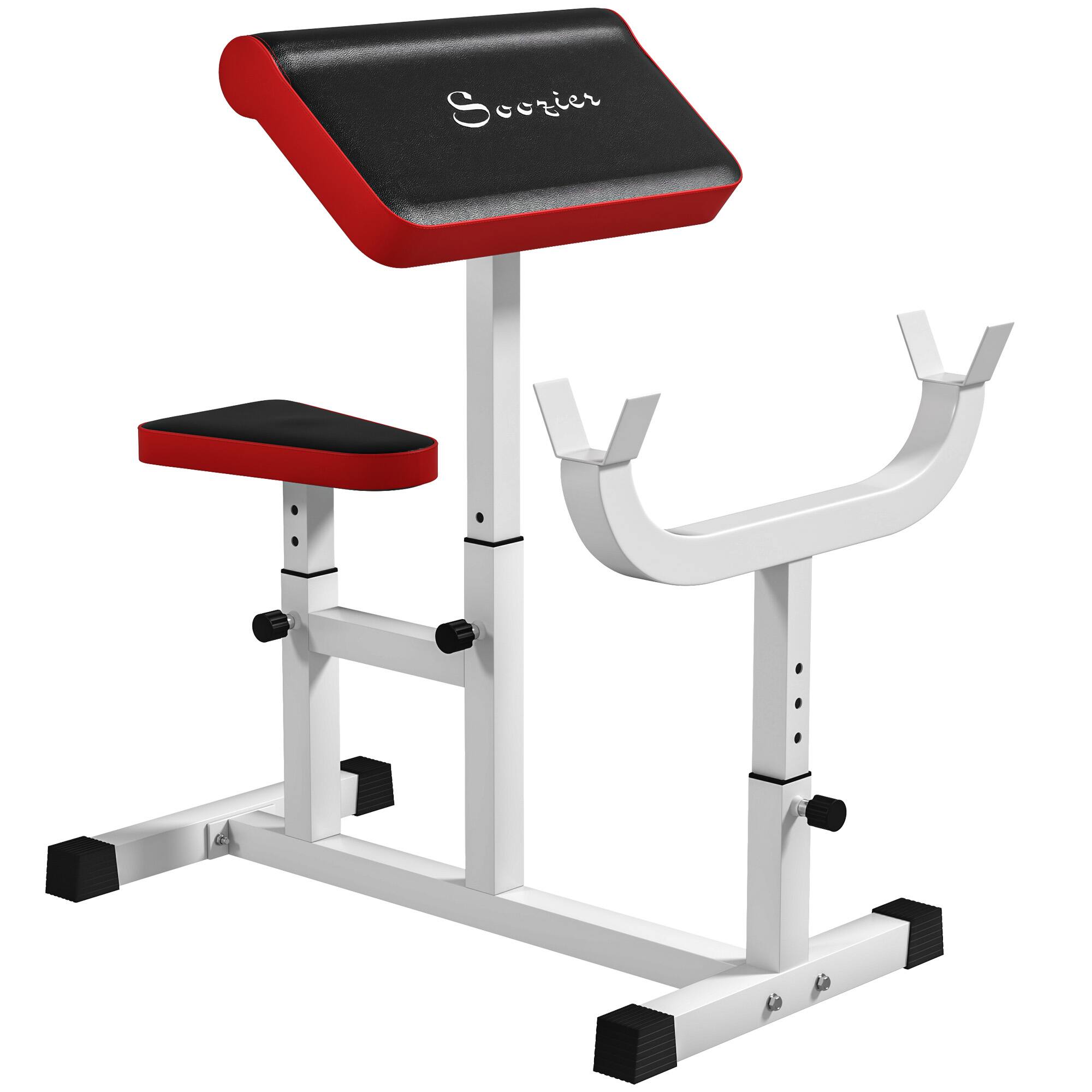 Front. Soozier - Adjustable Preacher Curl Bench with Brabell Rack, Strength Training Seated Arm Isolated Barbell Dumbbell Bicep Station - White.