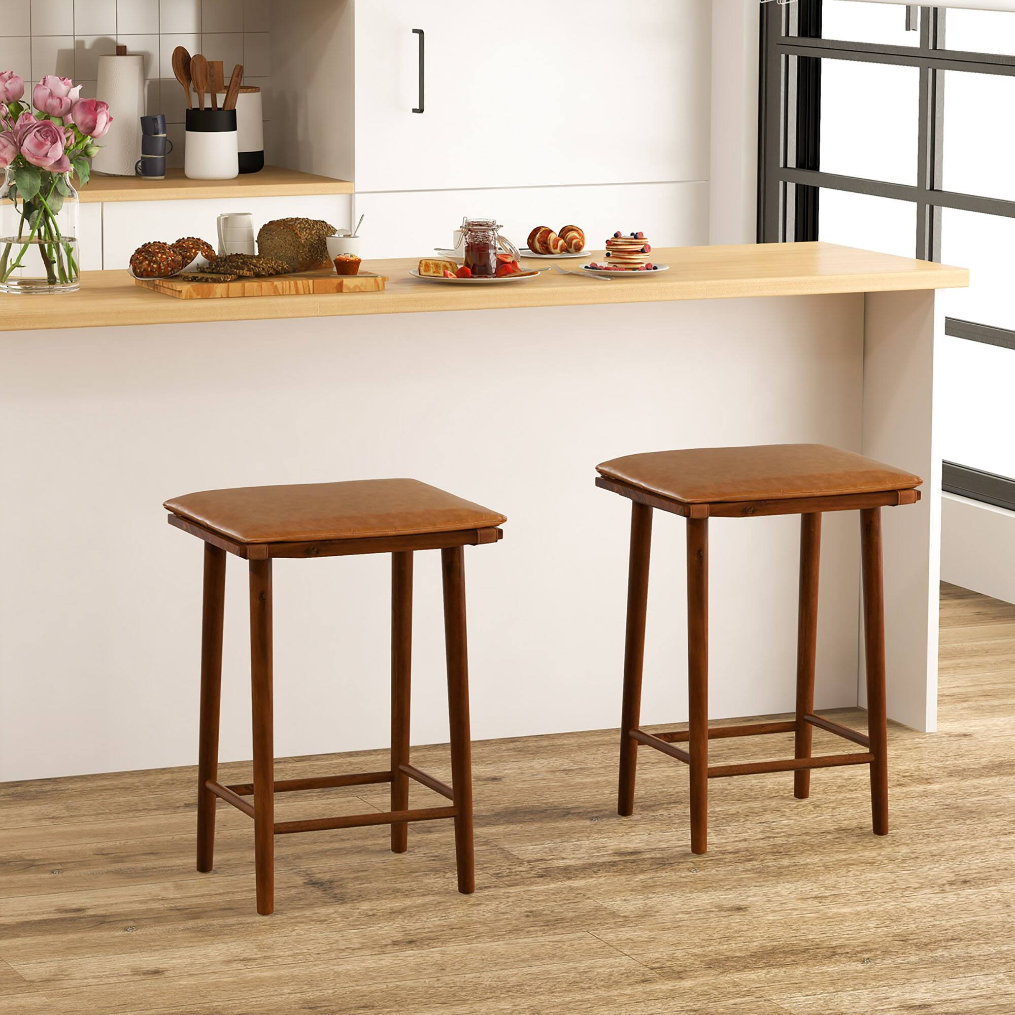 Alt View 3. Gymax - Gymax 25.5'' Barstool Set of 2 Counter Height Dining Stools w/ Removable PU Leather Cushion Brown - Brown.