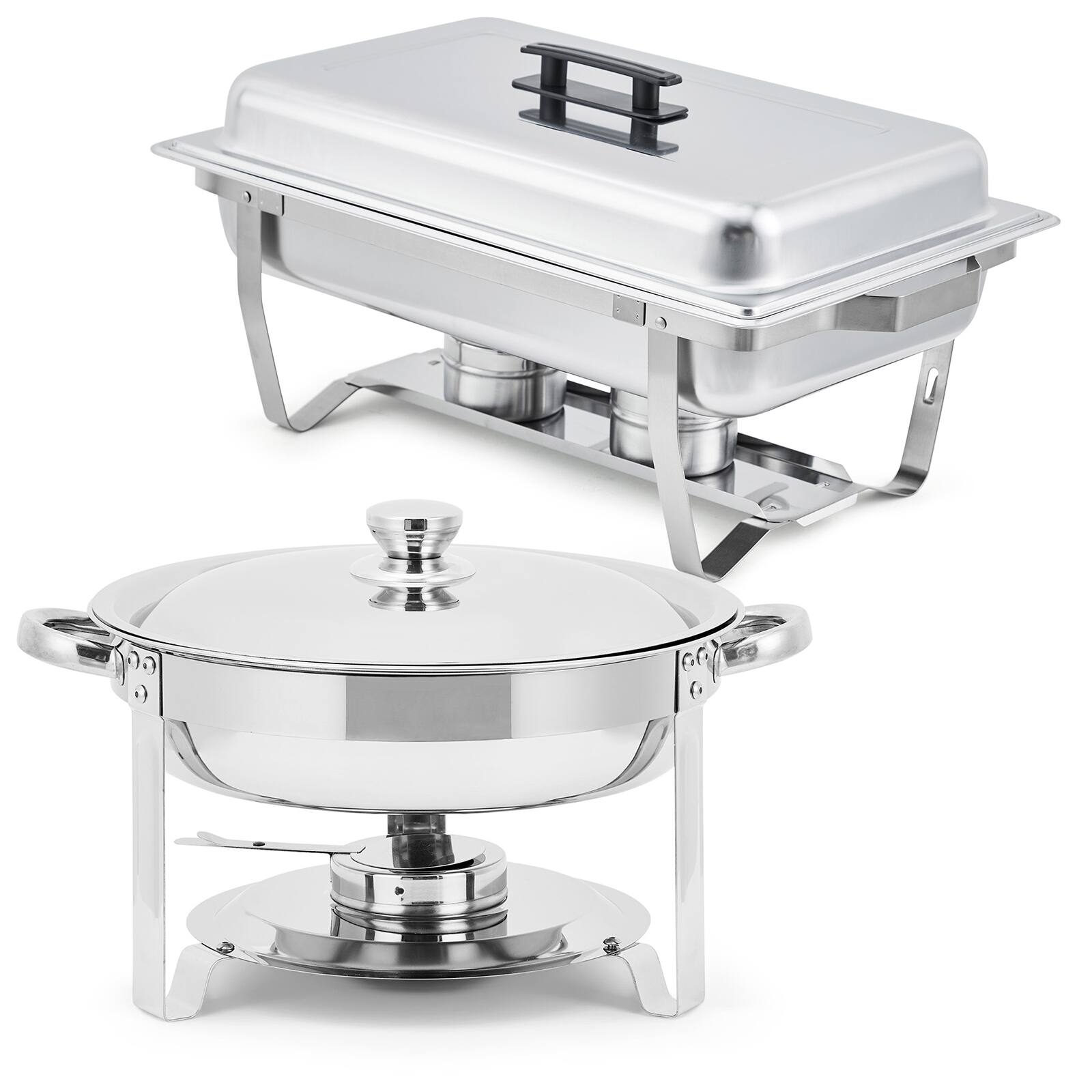 Left. GARVEE - 2 Pack Chafing Dish Buffet Set, 8 Qt Rectangle & 5 Qt Round Stainless Steel Chafers and Food Warmer Sets with Lid - Silver.