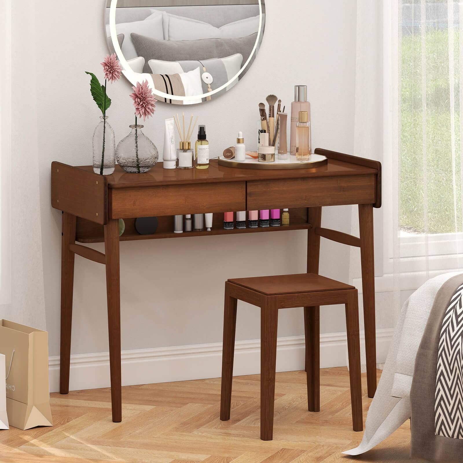 Alt View 4. Costway - Costway Bamboo Writing Desk 39.5" Computer Study Desk with 2 Storage Drawers & Open Shelf - Brown.