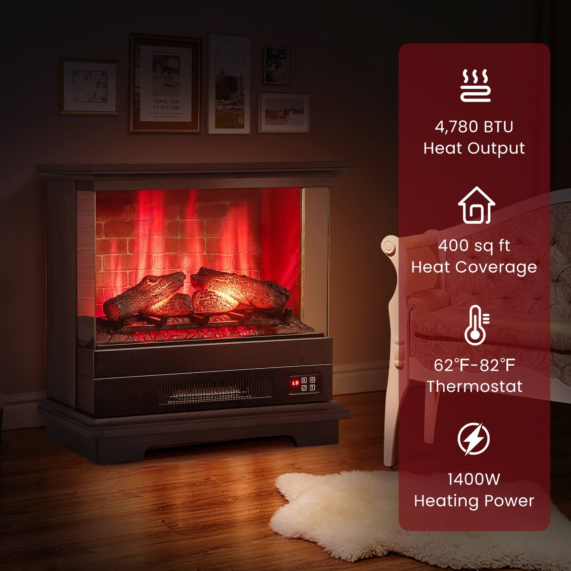EDOL ARD VUILLARD

4,780 BTU Heat Output

400 sq ft Heat Coverage

62°F-82°F Thermostat

1400W Heating Power