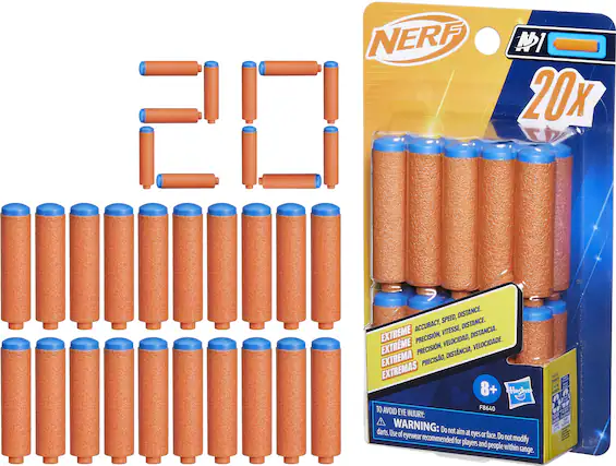 NERF 1 10 20x DISTANCE. SPEED, DISTANCE. EXTREME ACCURACY, VITESSE, DISTANCIA. EXTREME PRECISION, VELOCIDAD, VELOCIDADE. PRECISION, DISTANCIA, EXTREMA PRECISIÓN, DISTANCIA, EXTREMA PRECISO, EXTREMAS 8+ Hasbro TO AVOID EYE INJURY: darts. WARNING: Do not aim at eyes or face. Use of eyewear recommended for players and people within range.