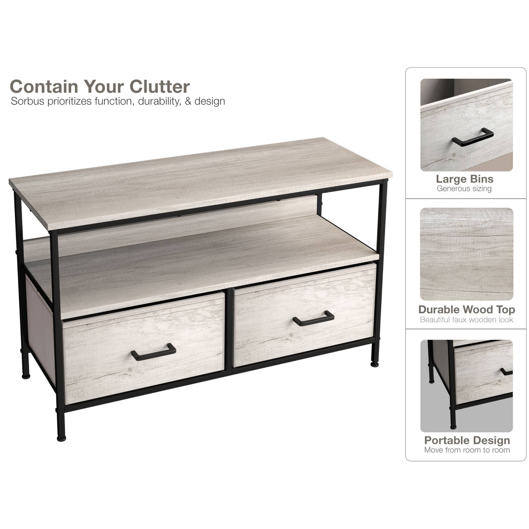 Contain Your Clutter  
Sorbus prioritizes function, durability, & design  

Large Bins  
Generous sizing  

Durable Wood Top  
Beautiful faux wooden look  

Portable Design  
Move from room to room