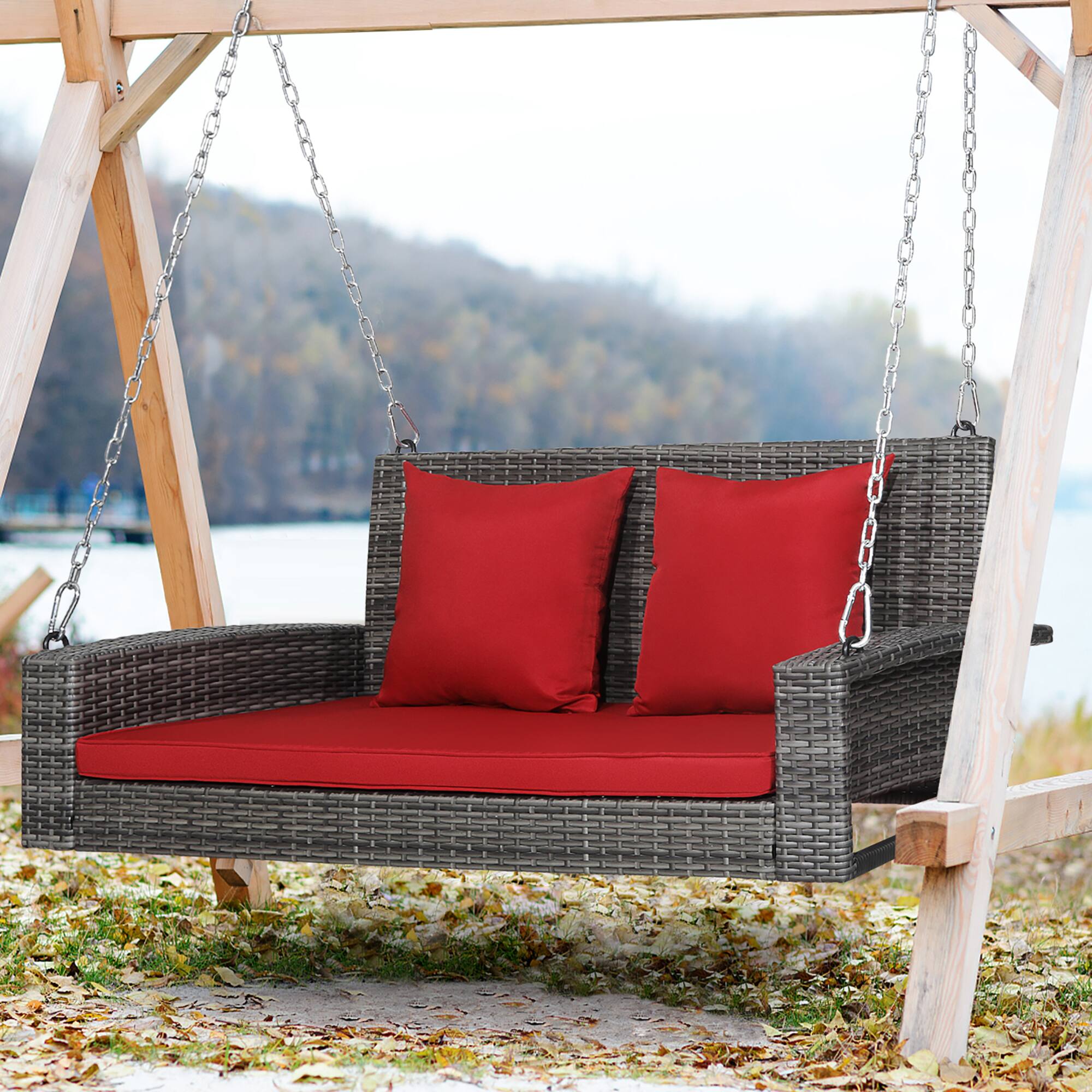 Alt View 5. Costway - Costway 2-Person Patio PE Wicker Hanging Porch Swing Bench Chair with Cushion - Red.