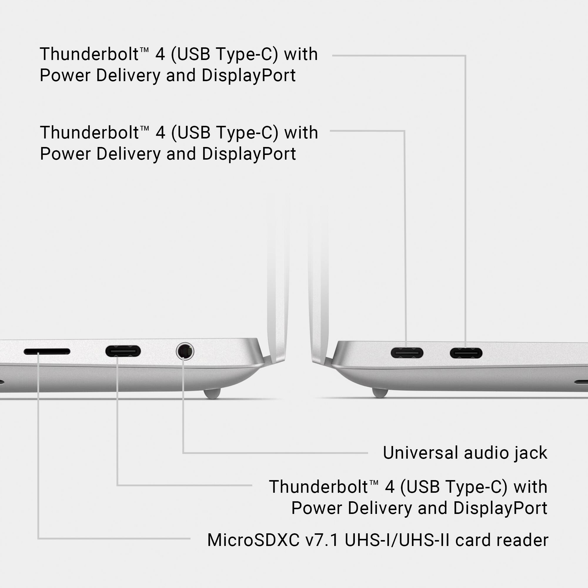 Thunderbolt™ 4 (USB Type-C) with Power Delivery and DisplayPort
Thunderbolt™ 4 (USB Type-C) with Power Delivery and DisplayPort
Universal audio jack
Thunderbolt™ 4 (USB Type-C) with Power Delivery and DisplayPort
MicroSDXC v7.1 UHS-I/UHS-II card reader
