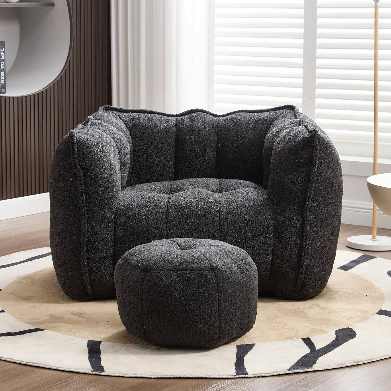 Alt View 2. Trinkets Crazed - Chenille Giant Bean Bag Sleeper Chair with Ottoman, Adults and Kids Lazy Floor Sofa Couch - black.