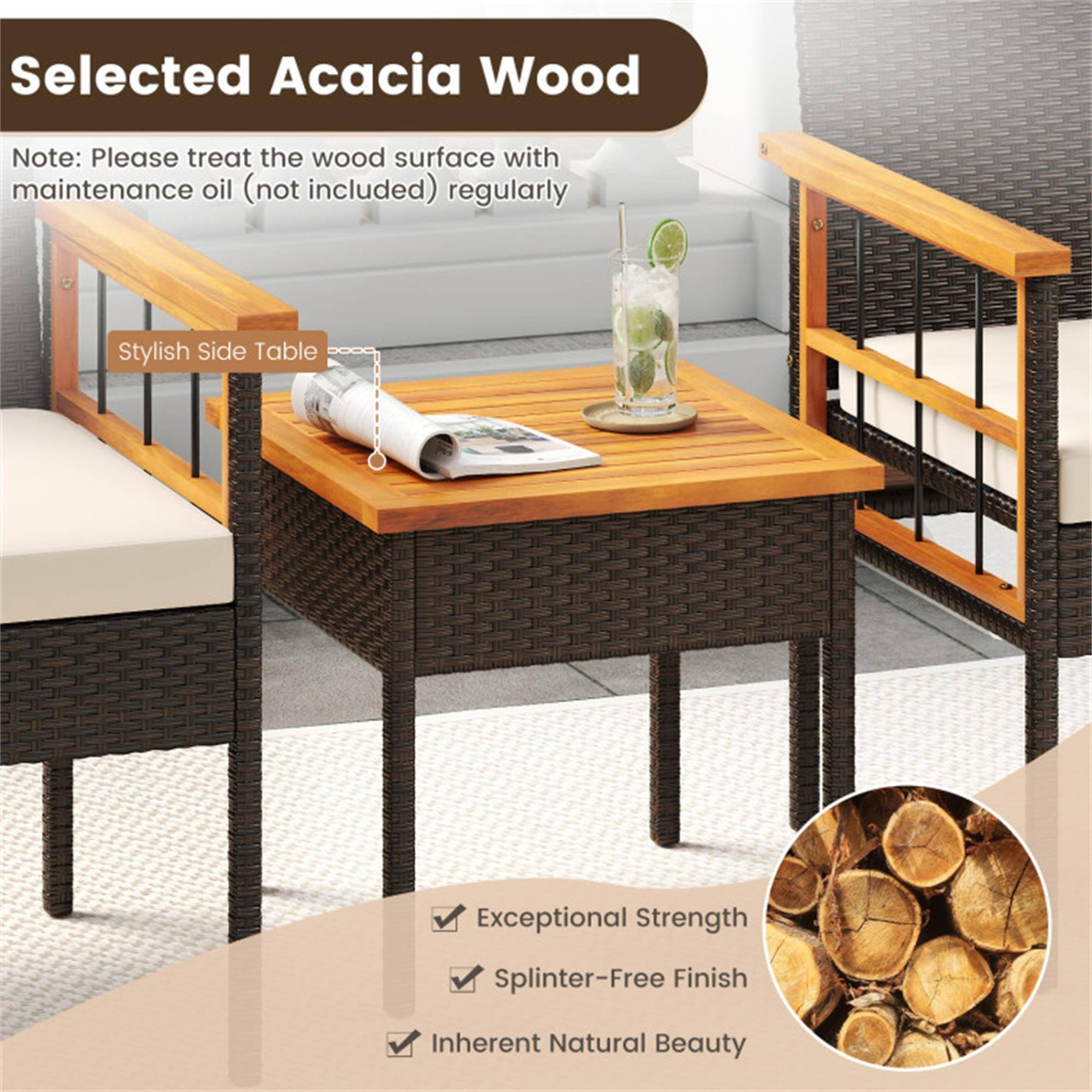 Selected Acacia Wood

Note: Please treat the wood surface with maintenance oil (not included) regularly.

Stylish Side Table

- Exceptional Strength
- Splinter-Free Finish
- Inherent Natural Beauty