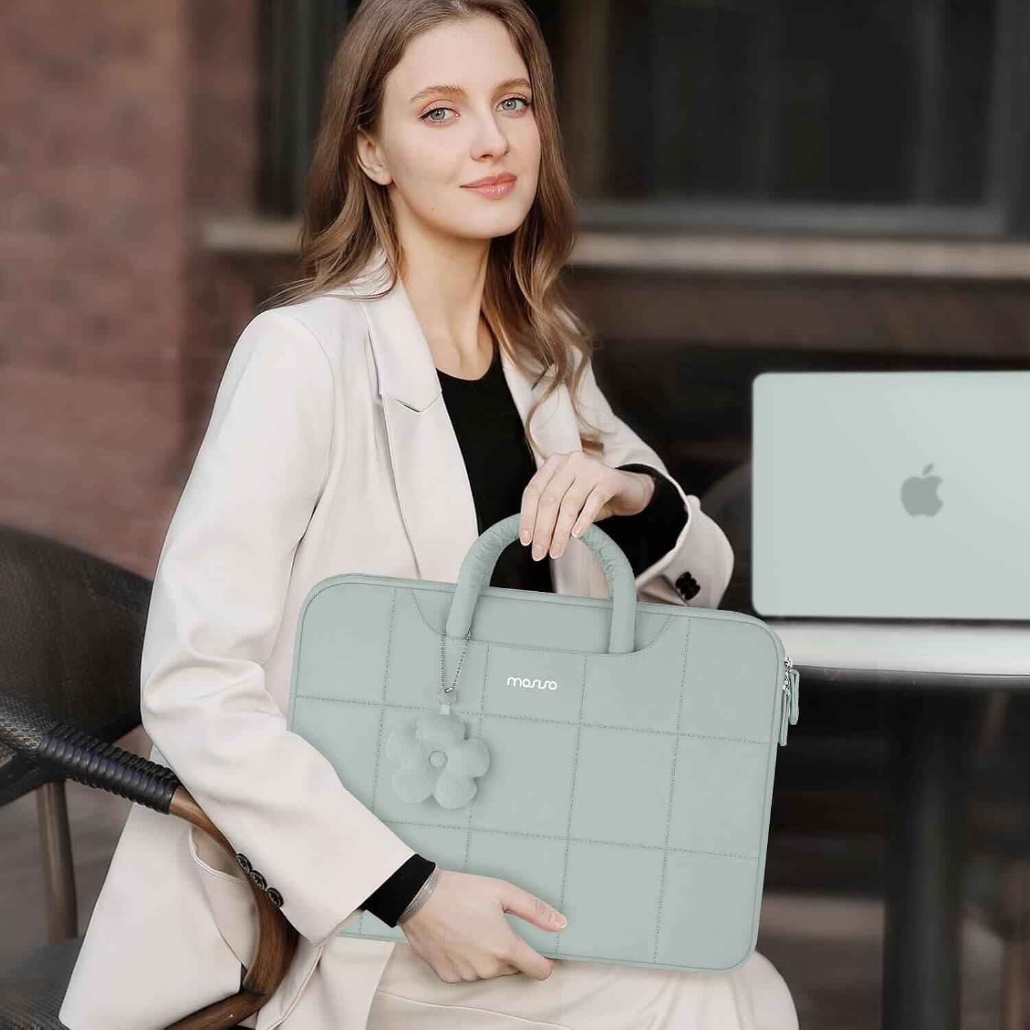 Alt View 4. mosiso - Laptop Case 13-13.3 inch Puffy Laptop Sleeve with Handle for MacBook Air Pro Neo 13 14 HP Dell ASUS Lenovo - Antique Green.