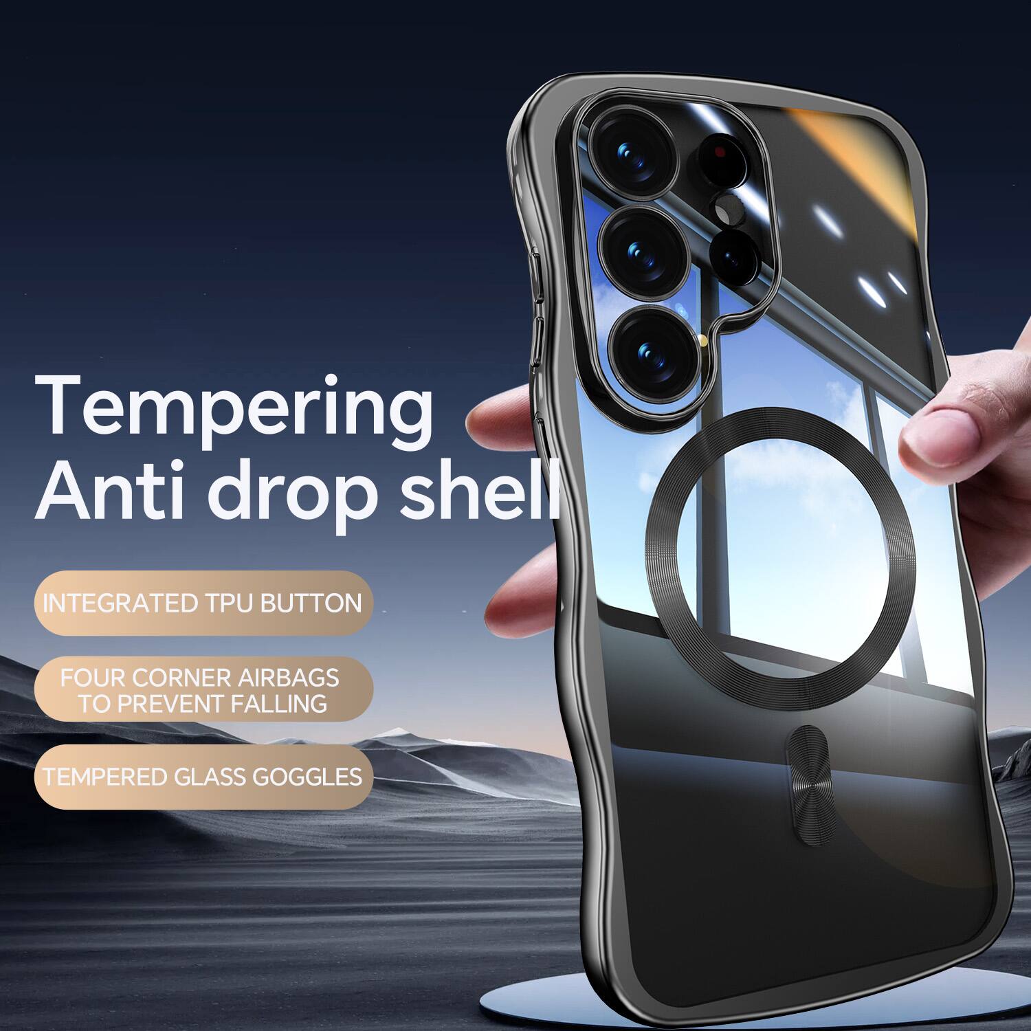 Tempering Anti drop shell  
INTEGRATED TPU BUTTON  
FOUR CORNER AIRBAGS TO PREVENT FALLING  
TEMPERED GLASS GOGGLES