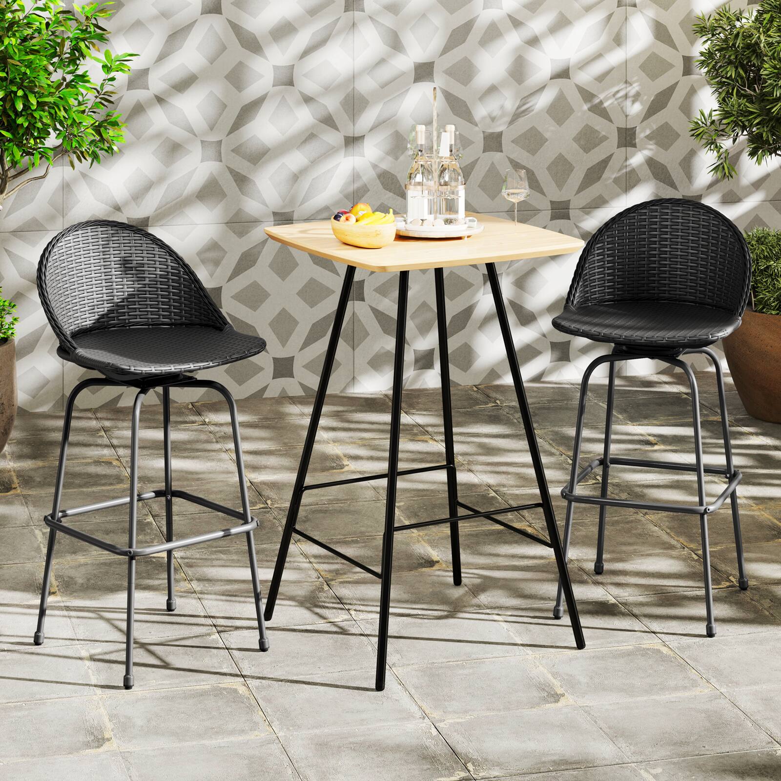Alt View 3. Gymax - Gymax Rattan Swivel Barstools Set of 2 w/ Curved Back & Heavy-Duty Metal Support - Black.