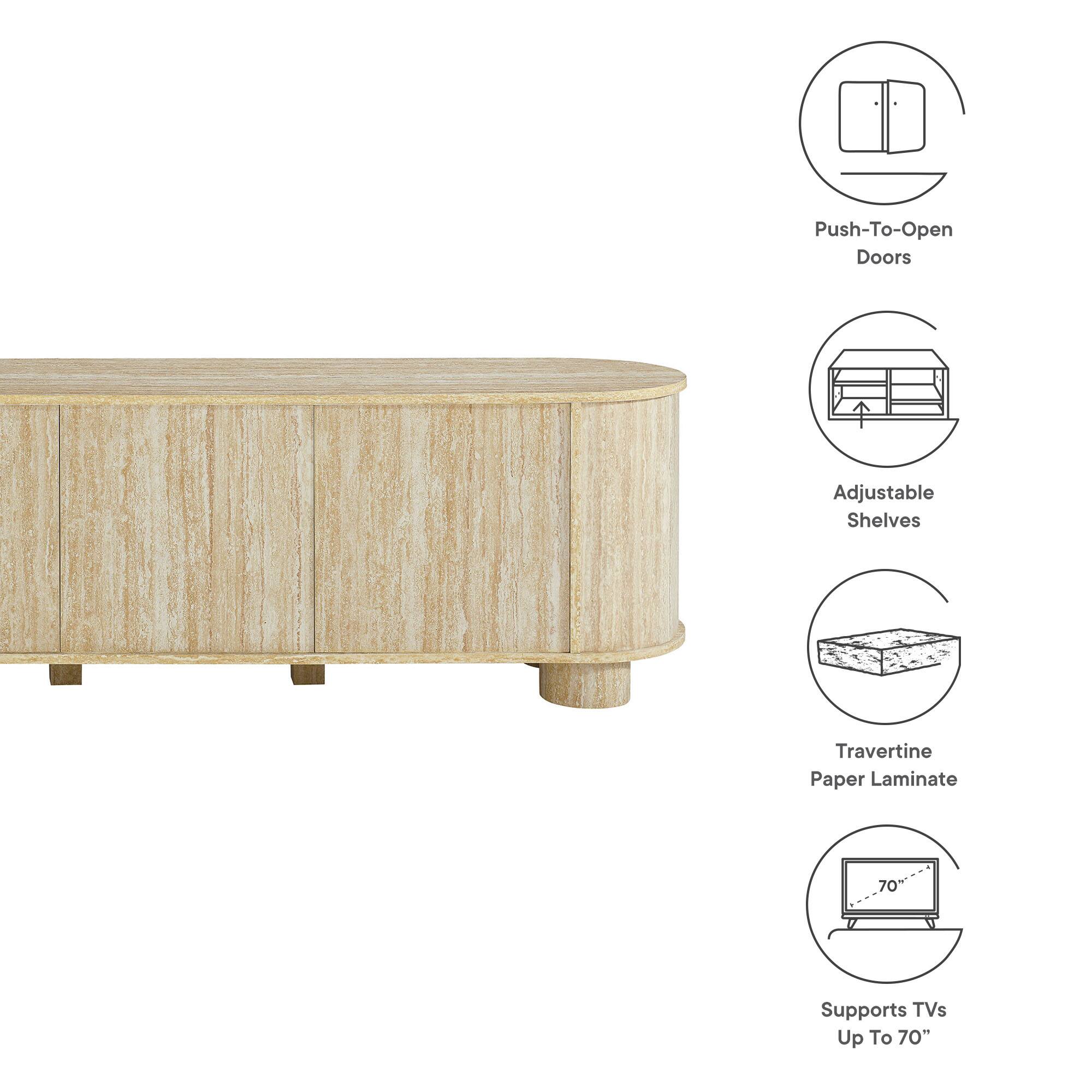 Push-To-Open Doors  
Adjustable Shelves  
Travertine Paper Laminate  
Supports TVs Up To 70"