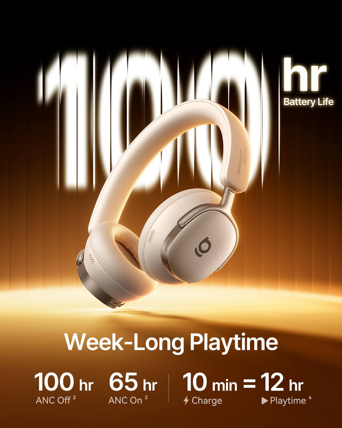 hr Battery Life 100 | Week-Long Playtime 100 hr 65 hr 10 min = 12 hr ANC Off ANC On Charge Playtime