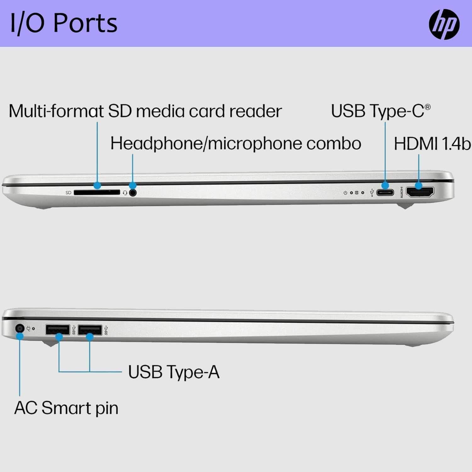 I/O Ports
- Multi-format SD media card reader
- Headphone/microphone combo
- USB Type-C®
- HDMI 1.4b
- USB Type-A
- AC Smart pin